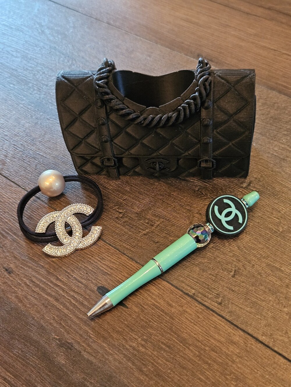 Handmade Pen + 3D Printed Purse Pen Holder/Bud Vase + Rhinestone Hair Tie Bundle